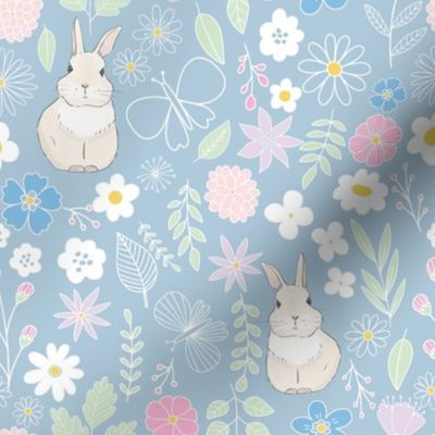 Bunny and Butterfly Florals, blue