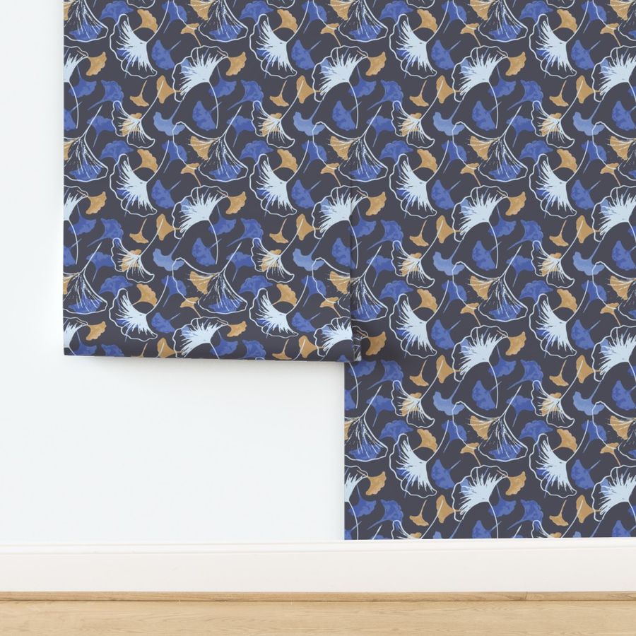 Blue Sapphire and Gold Gingko Leaves