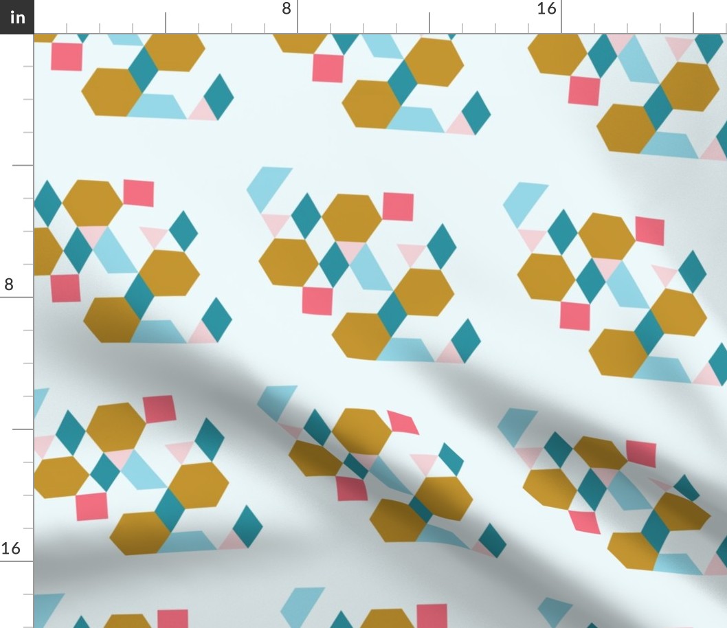 Pattern blocks in Lagoon, Mustard, Cotton Candy on Light Blue - Coordinate to Petal Solids