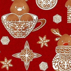 Christmas Gingerbears on red | Large scale