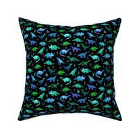 Tiny Dinos in Blue and Green on Black Small Print