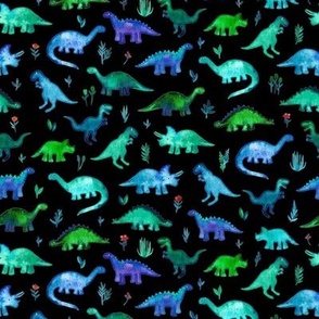 Tiny Dinos in Blue and Green on Black Small Print