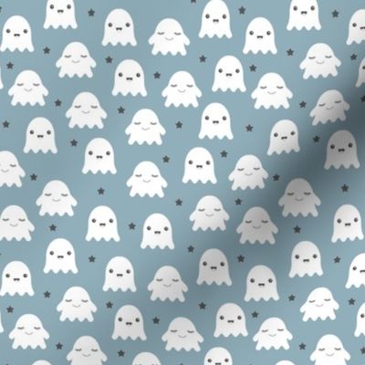 Little adorable ghost friends sweet kawaii halloween design for kids in moody blue white