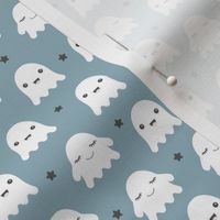 Little adorable ghost friends sweet kawaii halloween design for kids in moody blue white