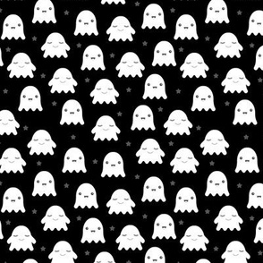 Little adorable ghost friends sweet kawaii halloween design for kids in monochrome black and white 
