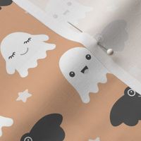 Little adorable ghosts and bats friends sweet kawaii halloween design for kids in soft orange peach gray