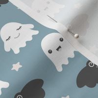 Little adorable ghosts and bats friends sweet kawaii halloween design for kids in moody blue white gray