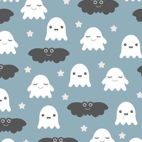 Little adorable ghosts and bats friends sweet kawaii halloween design for kids in moody blue white gray