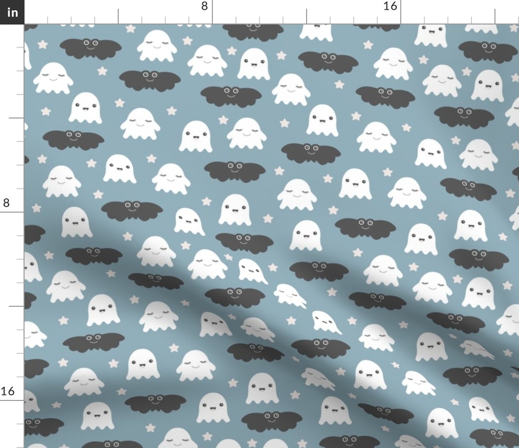 Little adorable ghosts and bats friends sweet kawaii halloween design for kids in moody blue white gray