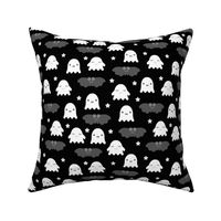 Little adorable ghosts and bats friends sweet kawaii halloween design for kids in monochrome black and white gray