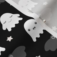 Little adorable ghosts and bats friends sweet kawaii halloween design for kids in monochrome black and white gray