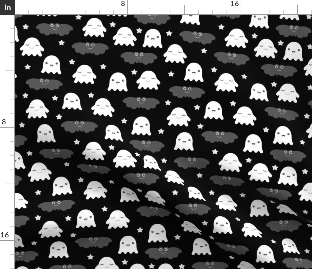 Little adorable ghosts and bats friends sweet kawaii halloween design for kids in monochrome black and white gray