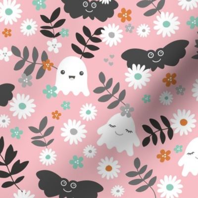 Kawaii ghosts and bats boho garden halloween design with leaves and daisies soft pink teal orange gray