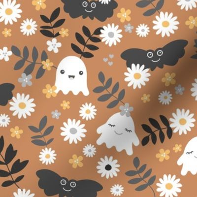 Kawaii ghosts and bats boho garden halloween design with leaves and daisies spice rust cinnamon burnt orange gray white
