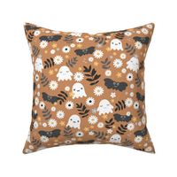 Kawaii ghosts and bats boho garden halloween design with leaves and daisies spice rust cinnamon burnt orange gray white