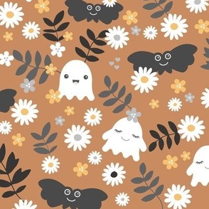 Kawaii ghosts and bats boho garden halloween design with leaves and daisies spice rust cinnamon burnt orange gray white