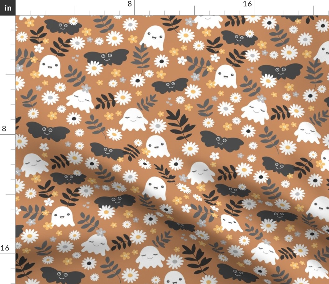 Kawaii ghosts and bats boho garden halloween design with leaves and daisies spice rust cinnamon burnt orange gray white