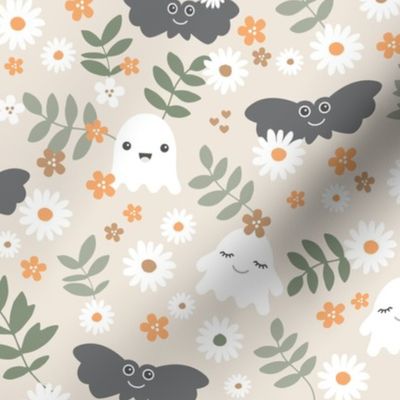 Kawaii ghosts and bats boho garden halloween design with leaves and daisies beige green orange gray neutral