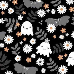 Kawaii ghosts and bats boho garden halloween design with leaves and daisies orange white gray on black