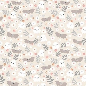 Kawaii ghosts and bats boho garden halloween design with leaves and daisies soft pastel sand blush gray neutral SMALL