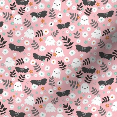 Kawaii ghosts and bats boho garden halloween design with leaves and daisies soft pink teal orange gray SMALL