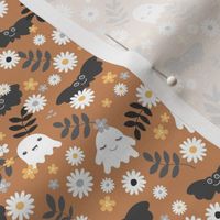 Kawaii ghosts and bats boho garden halloween design with leaves and daisies spice rust cinnamon burnt orange gray white SMALL