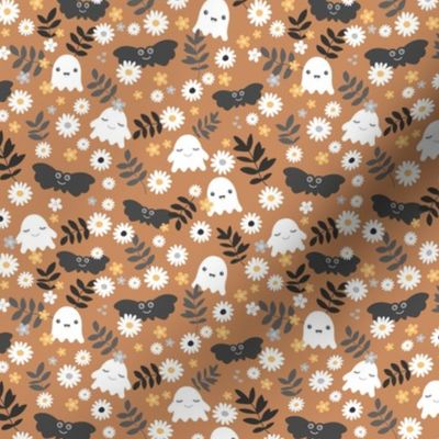 Kawaii ghosts and bats boho garden halloween design with leaves and daisies spice rust cinnamon burnt orange gray white SMALL
