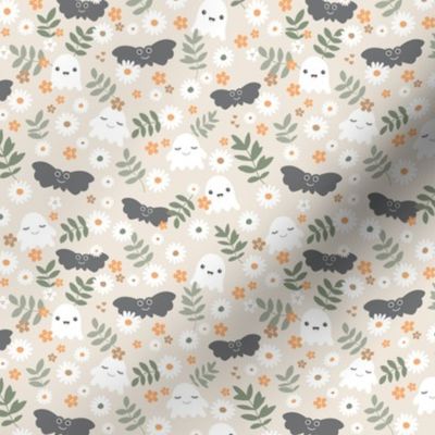 Kawaii ghosts and bats boho garden halloween design with leaves and daisies beige green orange gray neutral SMALL