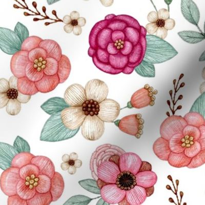 Large Scale Raspberry Pink and Coral Embroidery Texture Flowers on White