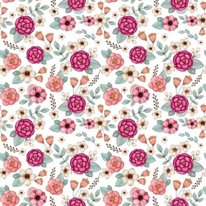Medium Scale Raspberry Pink and Coral Embroidery Texture Flowers on White
