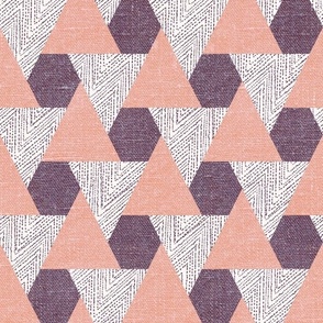 Tribal Triangles and Hexagons - peach and aubergine