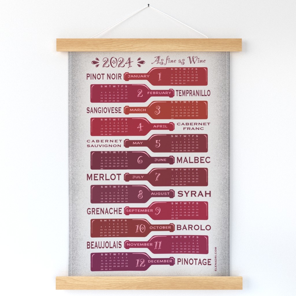 2024 Calendar - As Fine as Wine - light grey - wine bottles, vintage bottles, red wine - Please choose Linen Cotton Canvas or a fabric wider than 54”(137cm)  
