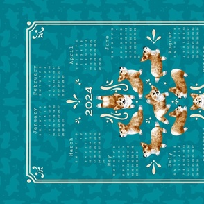 2024 Calendar - Corgi Yoga (teal) - dog calendar- Please choose Linen Cotton Canvas or a fabric wider than 54”(137cm)