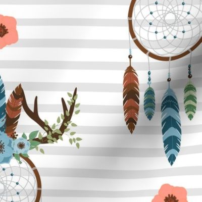 Large Scale Boho DreamCatcher Soft Grey Stripes Feathers and Flowers