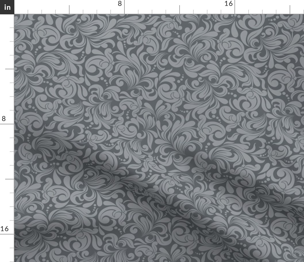 Smaller Scale Damask Floral Charcoal Silver Grey