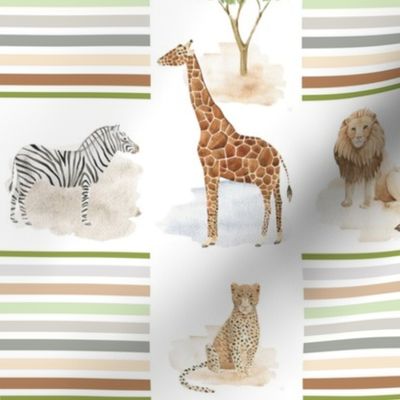 Smaller Patchwork 3" Square Cheater Quilt Jungle Safari Animals Baby Nursery Elephant Giraffe Zebra Leopard Lion Cheetah Alligator Giraffe Rhino 