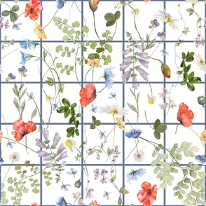 14" Grid And Summer Wildflowers Meadow - Midsummer Flowers Watercolor fabric 