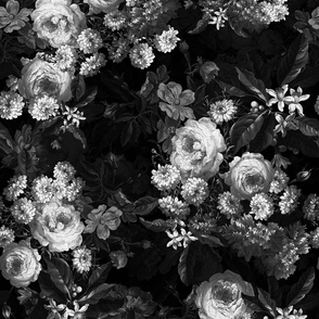 Flemish Vintage Dark Night Romanticism:Maximalism Moody Florals- Antiqued Blush Roses With White Orange Blossoms Bouquets Nostalgic - Gothic Mystic Night-  Antique Botany And Butterfly Wallpaper and Victorian Goth Mystic inspired, double layer black and w
