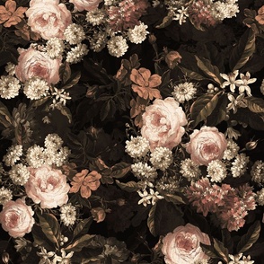 Flemish Vintage Dark Night Romanticism:Maximalism Moody Florals- Antiqued Blush Roses With White Orange Blossoms Bouquets Nostalgic - Gothic Mystic Night-  Antique Botany And Butterfly Wallpaper and Victorian Goth Mystic inspired, double layer sepia brown