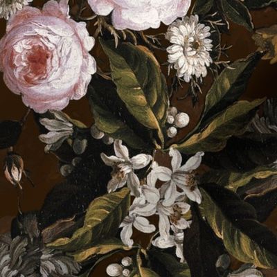 Flemish Vintage Dark Night Romanticism:Maximalism Moody Florals- Antiqued Blush Roses With White Orange Blossoms Bouquets Nostalgic - Gothic Mystic Night-  Antique Botany And Butterfly Wallpaper and Victorian Goth Mystic inspired, double layer on dark bro