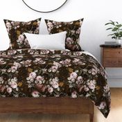 Flemish Vintage Dark Night Romanticism:Maximalism Moody Florals- Antiqued Blush Roses With White Orange Blossoms Bouquets Nostalgic - Gothic Mystic Night-  Antique Botany And Butterfly Wallpaper and Victorian Goth Mystic inspired, double layer on dark bro