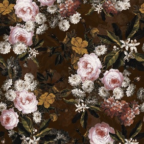 Flemish Vintage Dark Night Romanticism:Maximalism Moody Florals- Antiqued Blush Roses With White Orange Blossoms Bouquets Nostalgic - Gothic Mystic Night-  Antique Botany And Butterfly Wallpaper and Victorian Goth Mystic inspired, double layer on dark bro