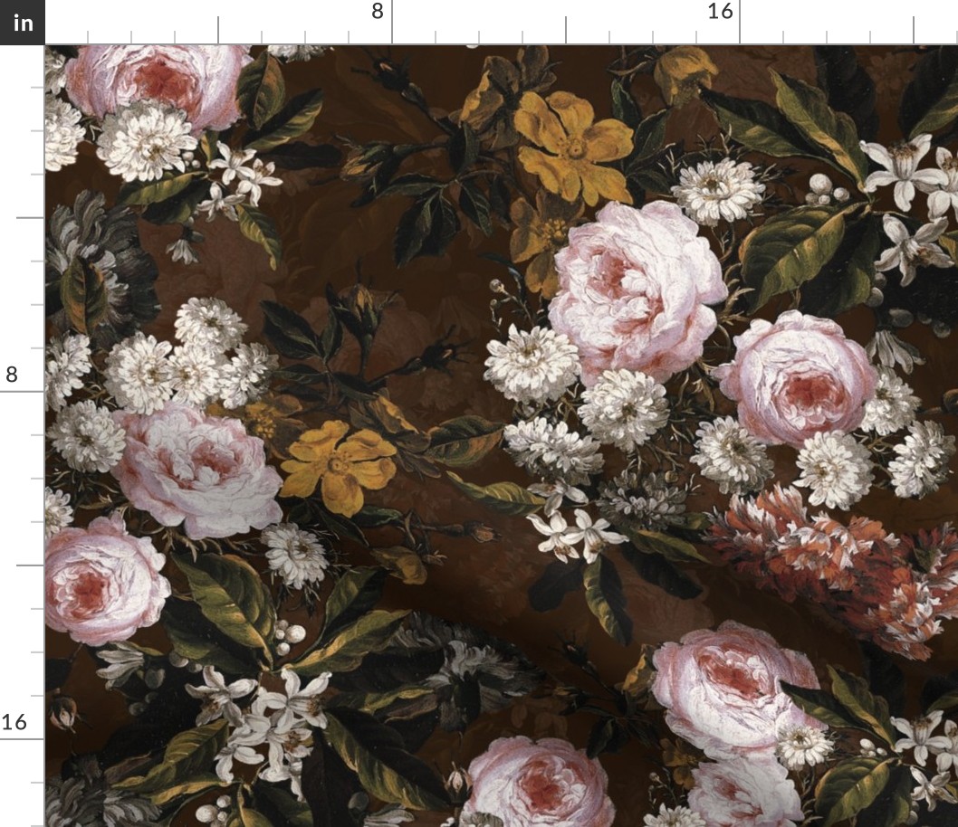 Flemish Vintage Dark Night Romanticism:Maximalism Moody Florals- Antiqued Blush Roses With White Orange Blossoms Bouquets Nostalgic - Gothic Mystic Night-  Antique Botany And Butterfly Wallpaper and Victorian Goth Mystic inspired, double layer on dark bro