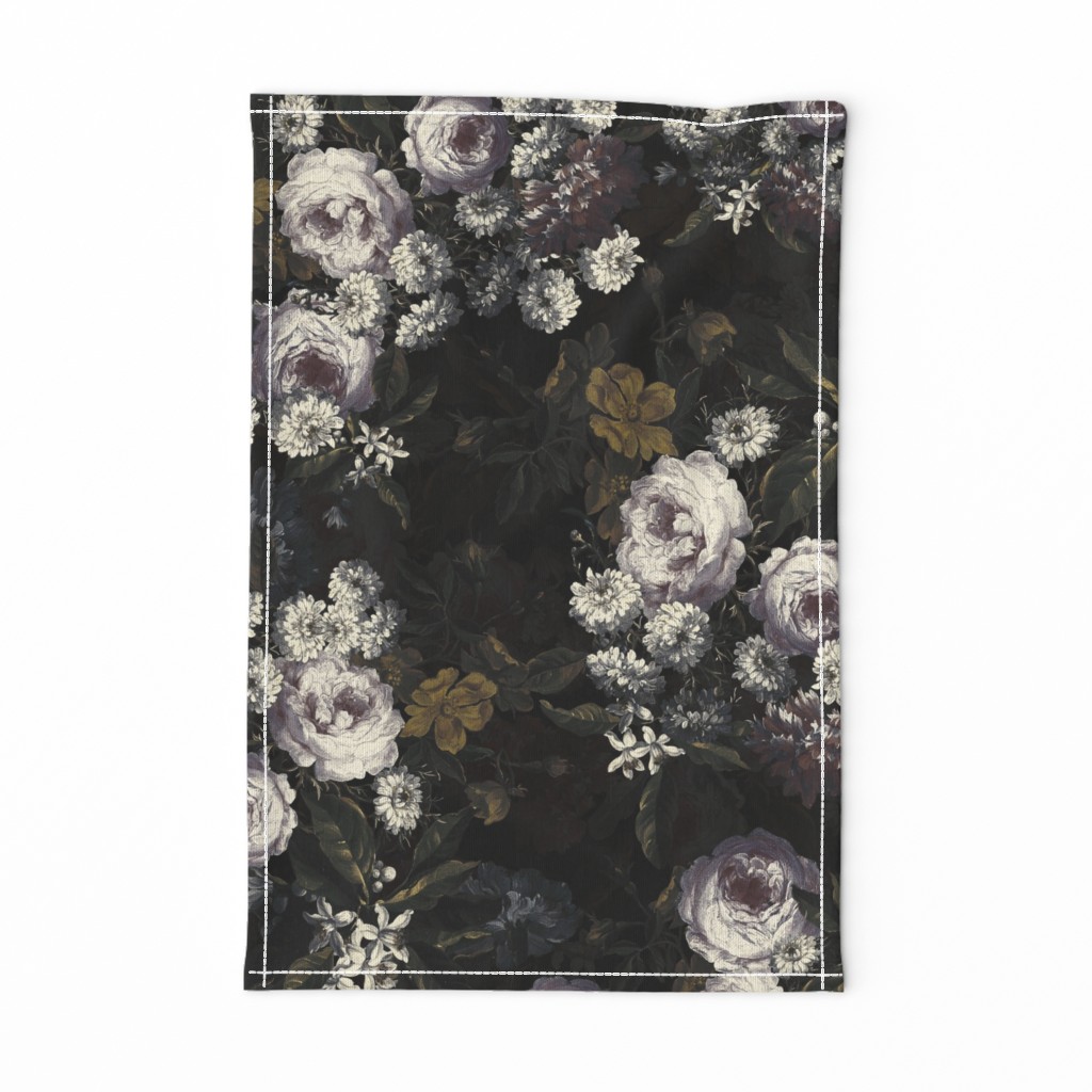 Flemish Vintage Dark Night Romanticism:Maximalism Moody Florals- Antiqued Blush Roses With White Orange Blossoms Bouquets Nostalgic - Gothic Mystic Night-  Antique Botany And Butterfly Wallpaper and Victorian Goth Mystic inspired,  Dramatic Glamour  dark 