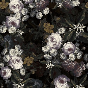 Flemish Vintage Dark Night Romanticism:Maximalism Moody Florals- Antiqued Blush Roses With White Orange Blossoms Bouquets Nostalgic - Gothic Mystic Night-  Antique Botany And Butterfly Wallpaper and Victorian Goth Mystic inspired, double layer dark moon l