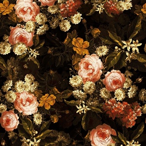 Flemish Vintage Dark Night Romanticism:Maximalism Moody Florals- Antiqued Blush Roses With White Orange Blossoms Bouquets Nostalgic - Gothic Mystic Night-  Antique Botany And Butterfly Wallpaper and Victorian Goth Mystic inspired, double layer peach and b