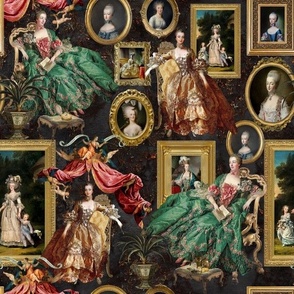 12" Marie Antoinette - historical paintings of Marie Antoinette, antique fabric print, Marie Antoinette wallpaper  black damask 