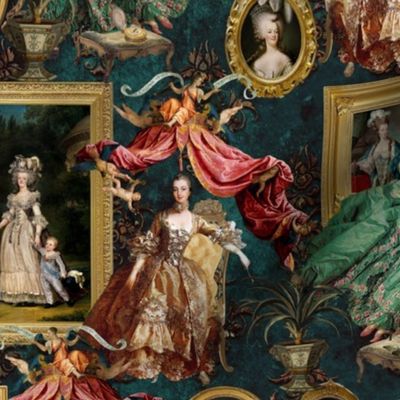 12" Marie Antoinette - historical moody paintings of Marie Antoinette, antique fabric print, Marie Antoinette wallpaper   petrol green damask