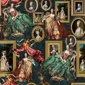 12" Marie Antoinette - historical moody paintings of Marie Antoinette, antique fabric print, Marie Antoinette wallpaper   petrol green damask