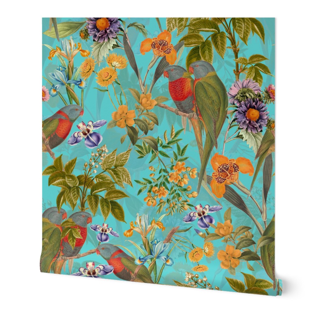 Vintage Tropical Birds And Flower Jungle , Vintage Wallpaper - light turquoise sepia double layer